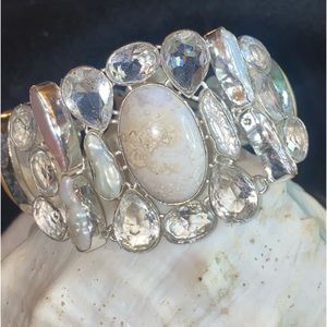 Sophisticated white Jasper + Biwa Pearl + white Topaz statement Bracelet